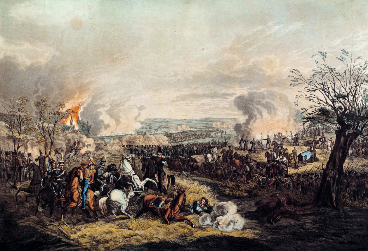 Smrt vévody Frederika Guillauma z Brunswicku (1771-1815) v bitvě u Quatre Bras 16. června 1815 mezi francouzskými jednotkami Marechala Michela Neye (1769-1815) a Brity vévody z Wellingtonu. Tisk z roku 1815. Paříž, Musee de l