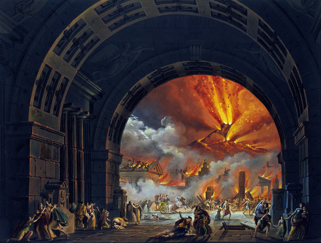 Zničení Pompejí. (Eruption Vesuve) Olejomalba pro operu Giovanniho Paciniho. "Poslední den Pompejí." 1817. Divadlo alla Scala z Milána. od Unknown artist