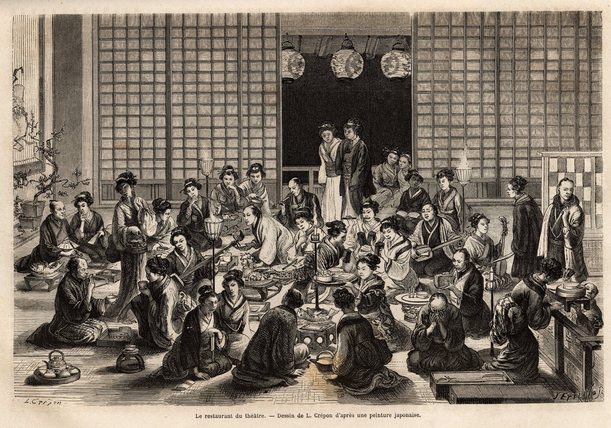 Jídelna jokohamského divadla je trvale zaplněna i během představení. Rytina k ilustraci cesty do Japonska od Aime Humberta, ministra Švýcarské konfederace, v letech 1863-1864, publikovaná v „“ le tour du monde““, pod dire od Unknown artist