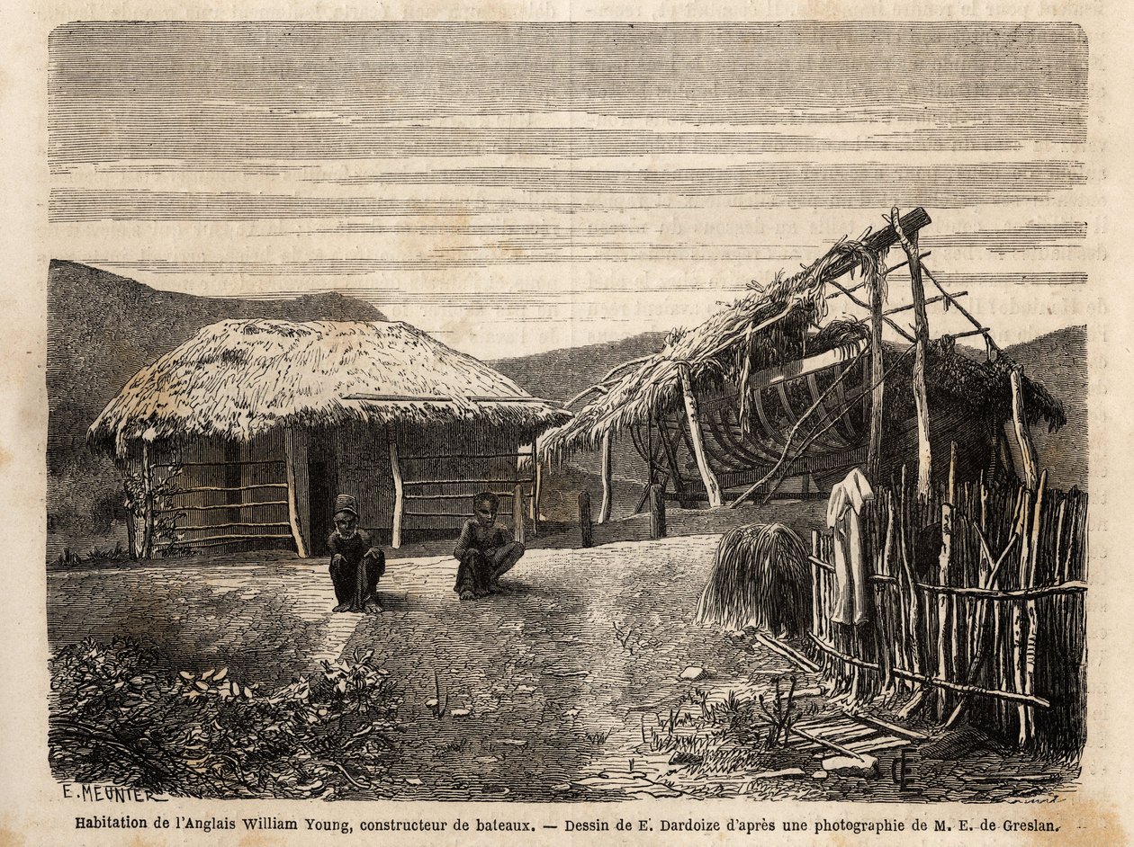 Obydlí a loděnice anglického stavitele poblíž Noumea, který využívá domorodé pracovní síly nebo je odsuzuje až do konce jejich času tvrdé práce. Gravure pour illustrrer le voyage à la Nouvelle Caledonie, Jules Garnier, stavební inženýr dolů, v 18. od Unknown artist