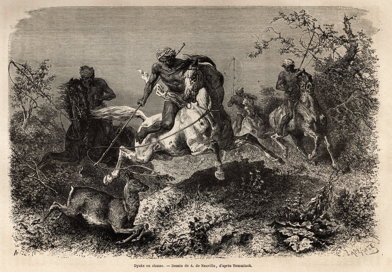 dyakové (původní na Borneu) lovecké, jezdecké a lasové zbraně. Rytina pro ilustraci plavby v malajském souostroví, od Alfreda Russella Wallace, v letech 1854-1862, publikovaná v „“Le tour du monde“““ 1870-1871, editoval Edouard Charton, Hachett od Unknown artist