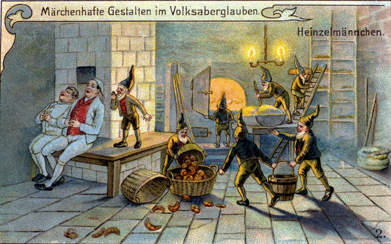 Elfové, úžasné postavy lidové tradice: připravují chléb, zatímco pekaři spí. chromolitograf 19. století. od Unknown artist