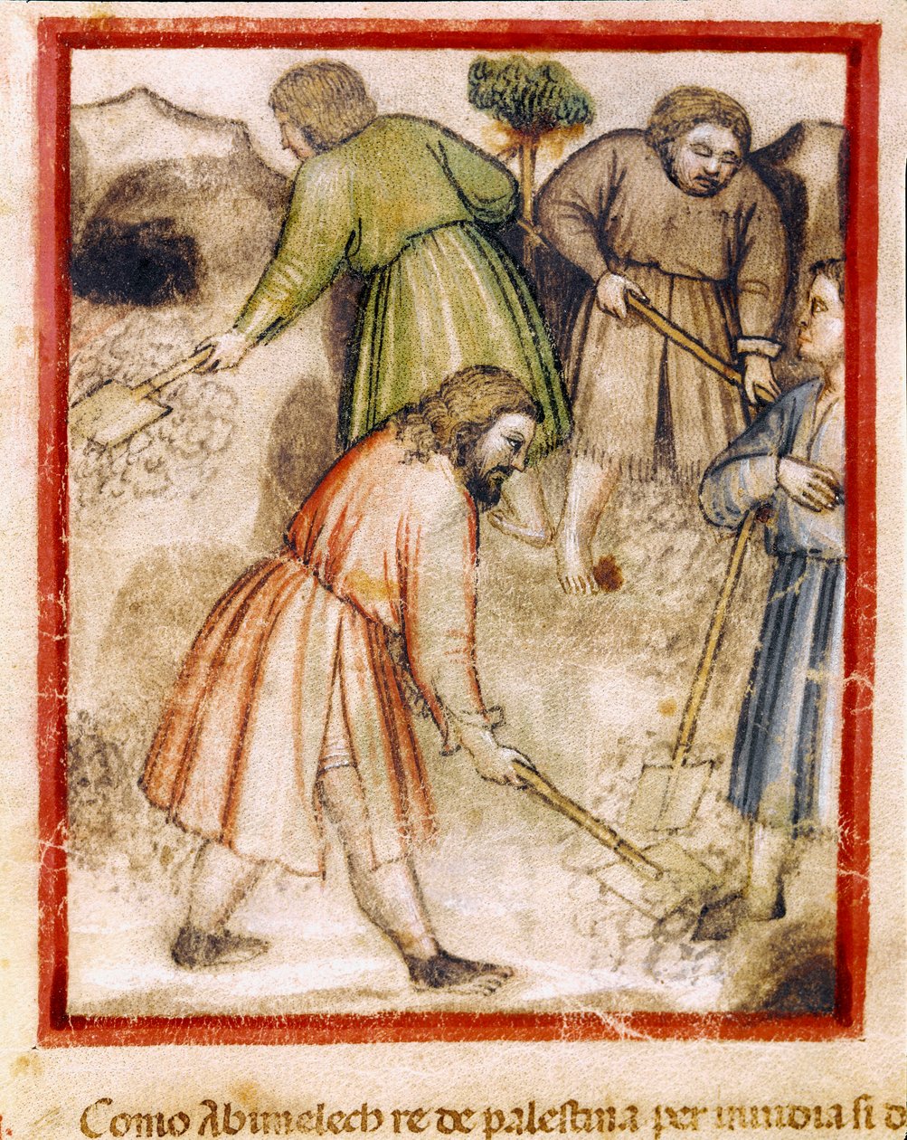 Závistliví Pelištejci plní duté studny od Izáka Miniatura z kodexu 212 (nebo kodexu padovano nebo Bible z Padovy) 1390-1400 Rovigo, Accademia dei Concordi od Unknown artist