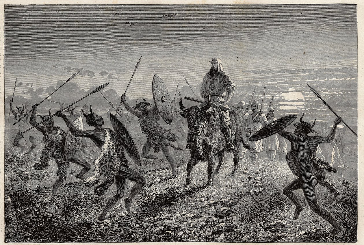 Eskort přidělený cestovateli Bakerovi před odjezdem k jezeru Albert (nebo Albert Nyanza) předvádí fantazii. Engravure pour illustration le voyage au lac Albert, en 1861-1864, od Sir Samuel White Baker, v „Le tour du monde, nouveau journal des voyag od Unknown artist