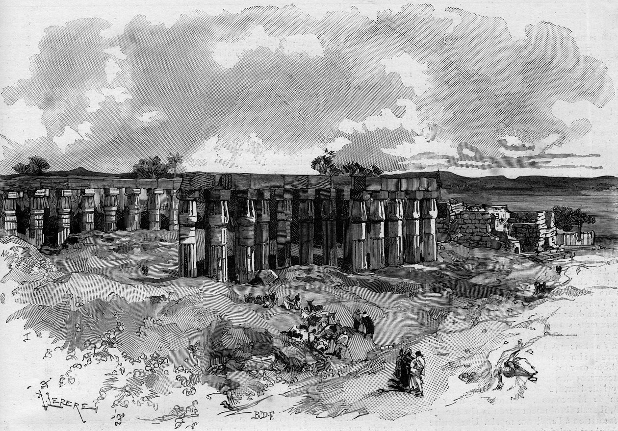 Vykopávky Luxoru v Egyptě, vedené Gastonem Masperem (1846-1916), francouzským egyptologem. Rytina v „The Illustrous World““ 1885 od Unknown artist