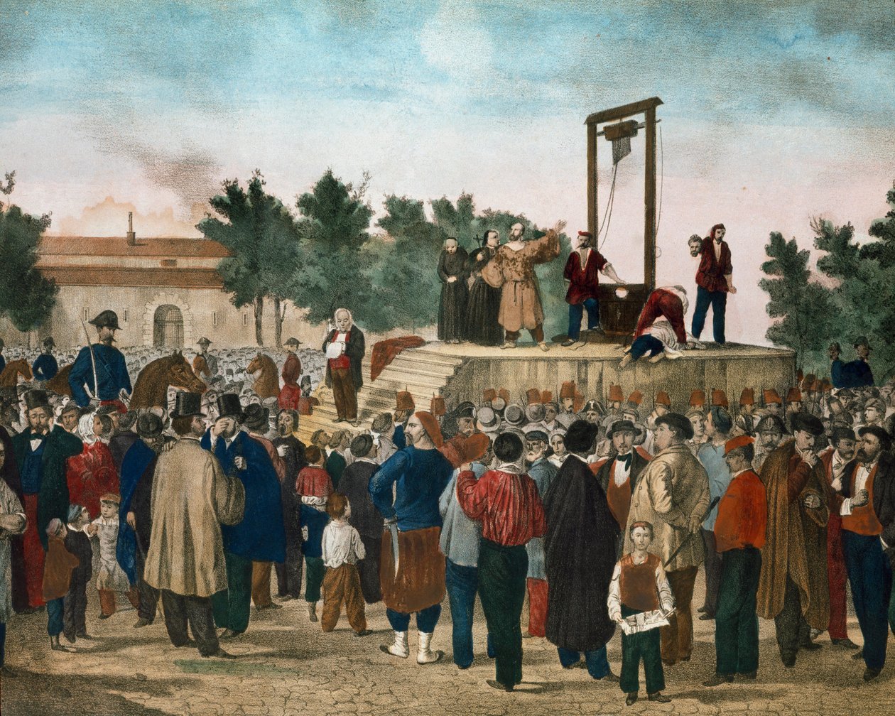 Poprava Felice Orsiniho (1819 - 1858) a Pieriho dne 13. 3. 1858, kteří provedli útok 14. ledna 1858 proti Napoleonovi III. na Place de la Roquette v Paříži Litografie konce 19. století. Milánská soukromá sbírka od Unknown artist