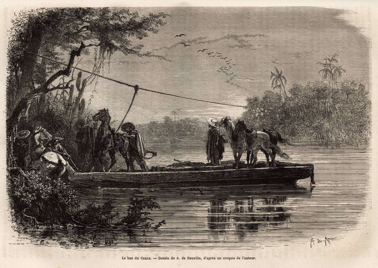 Trajekt na překročení řeky Cauca. Rytina pro ilustraci plavby do Nové Granady od Dr. Saffraye, v roce 1869, publikovaná v “”Le tour du monde”””” 1873, editoval Edouard Charton, vydání Hachette, Paříž. Kolekce Selva. od Unknown artist