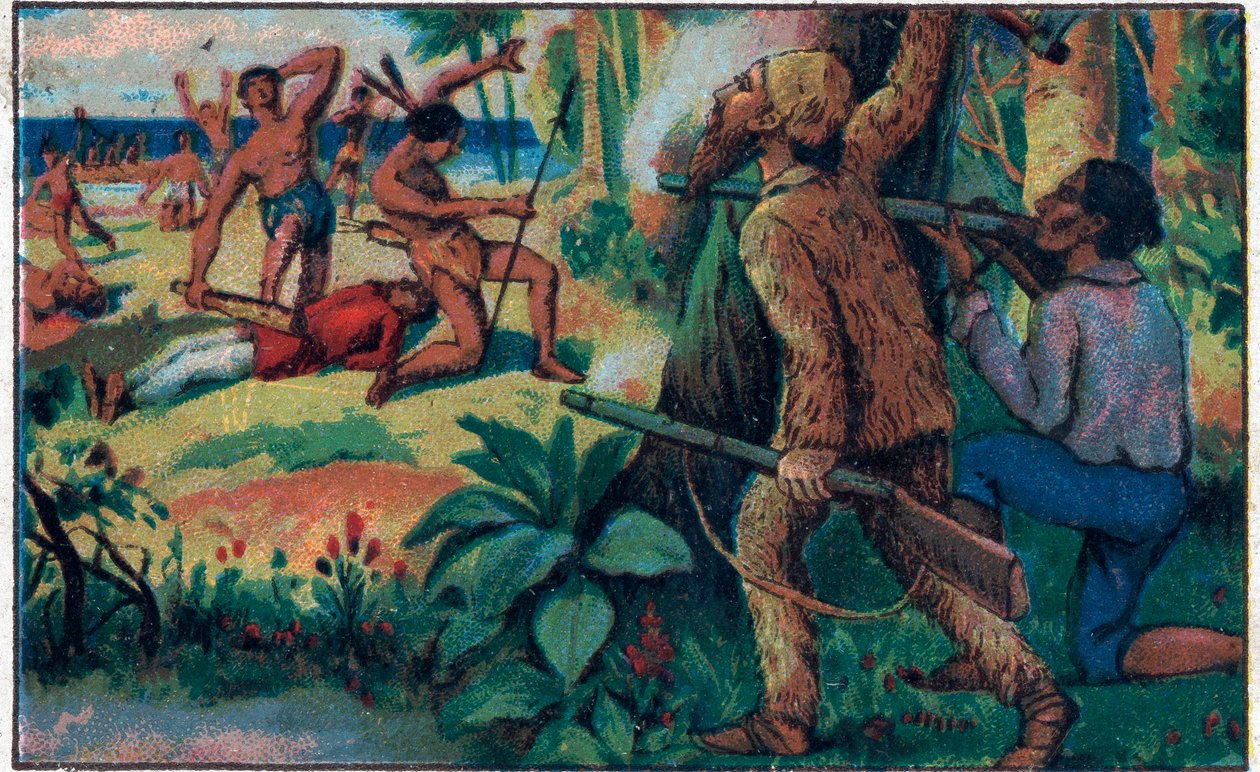 Boj s divochy. Ilustrace ke knize Daniela Defoe (Defoe) „“ Robinson Crusoe““. Chromolitografie konce 19. století. od Unknown artist