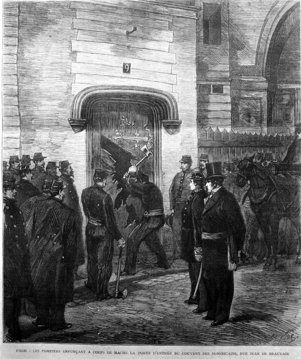 Hasiči zaklepali na vstupní dveře dominikánského kláštera na Rue Jean de Beauvais v Paříži v roce 1880. Rytina 19. století. od Unknown artist