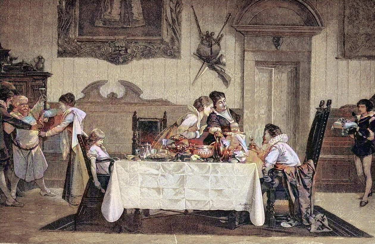 Prvorozený mužský potomek, porodní asistentka, ukazuje novorozeného syna ostatním členům rodiny od Unknown artist