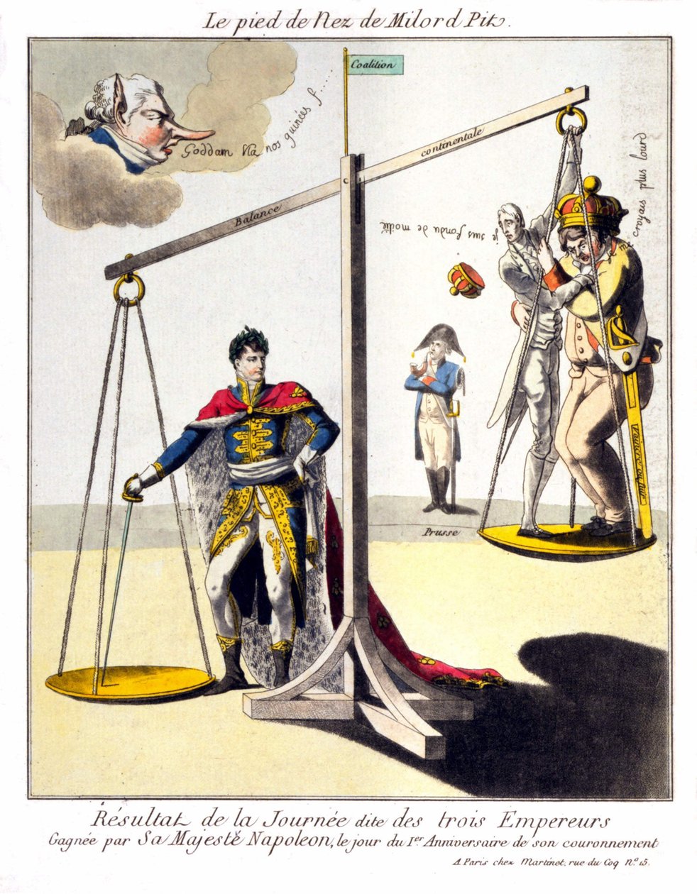 Úpatí nosu Milorda Pit - Výsledek tzv. Dne tří císařů - vyhrál Jeho Veličenstvo Napoleon, v den 1. výročí jeho korunovace. Karikatura o Napoleonovi I. a 3. koalici (Británie zastoupená Williamem Pi od Unknown artist