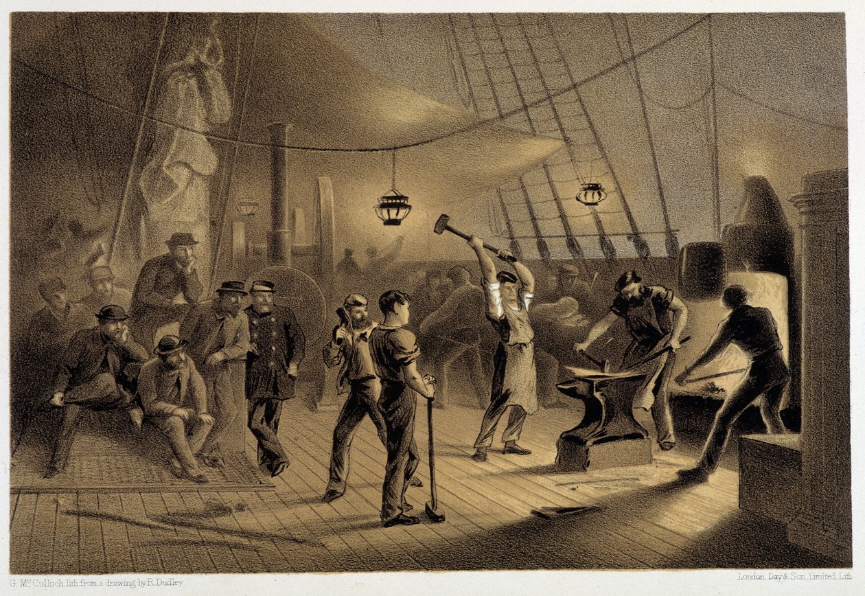 Kovárna na palubě. Noc 9. srpna příprava ifonového pokovení pro naviják – v „The Atlantic telegraph“ od W. H. Russela, ca. 1860 od Unknown artist