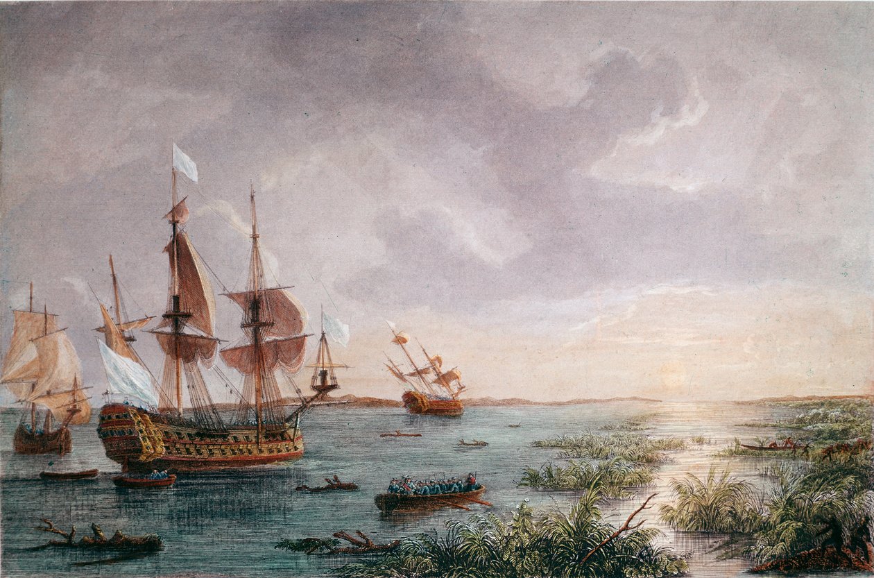Francouzský cestovatel Rene Robert Cavelier, Sieur de LaSalle objevuje Louisianu v roce 1684 (rytina od Unknown artist