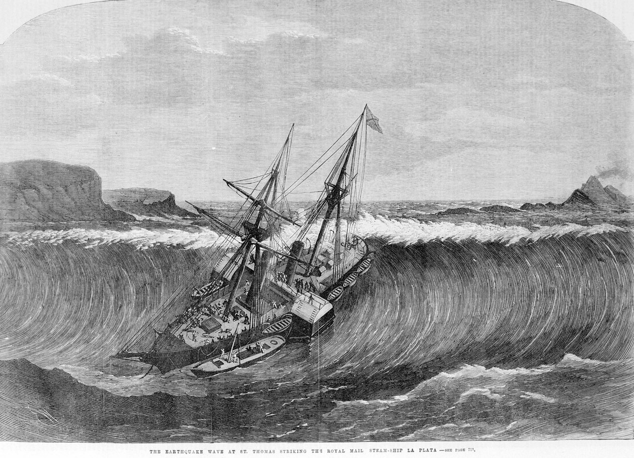 Obří vlna tsunami z prosince 1867 v Saint Thomas na Panenských ostrovech dopadá na kolovou loď La Plata. Rytina 19. století. od Unknown artist