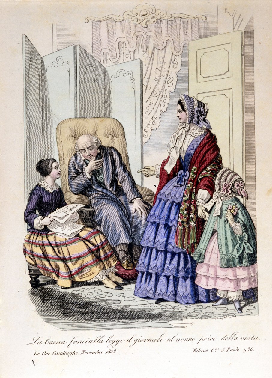 Dívka čte noviny svému dědečkovi, který ztratil zrak. Z „The ore casalinghe“, listopad 1853. od Unknown artist