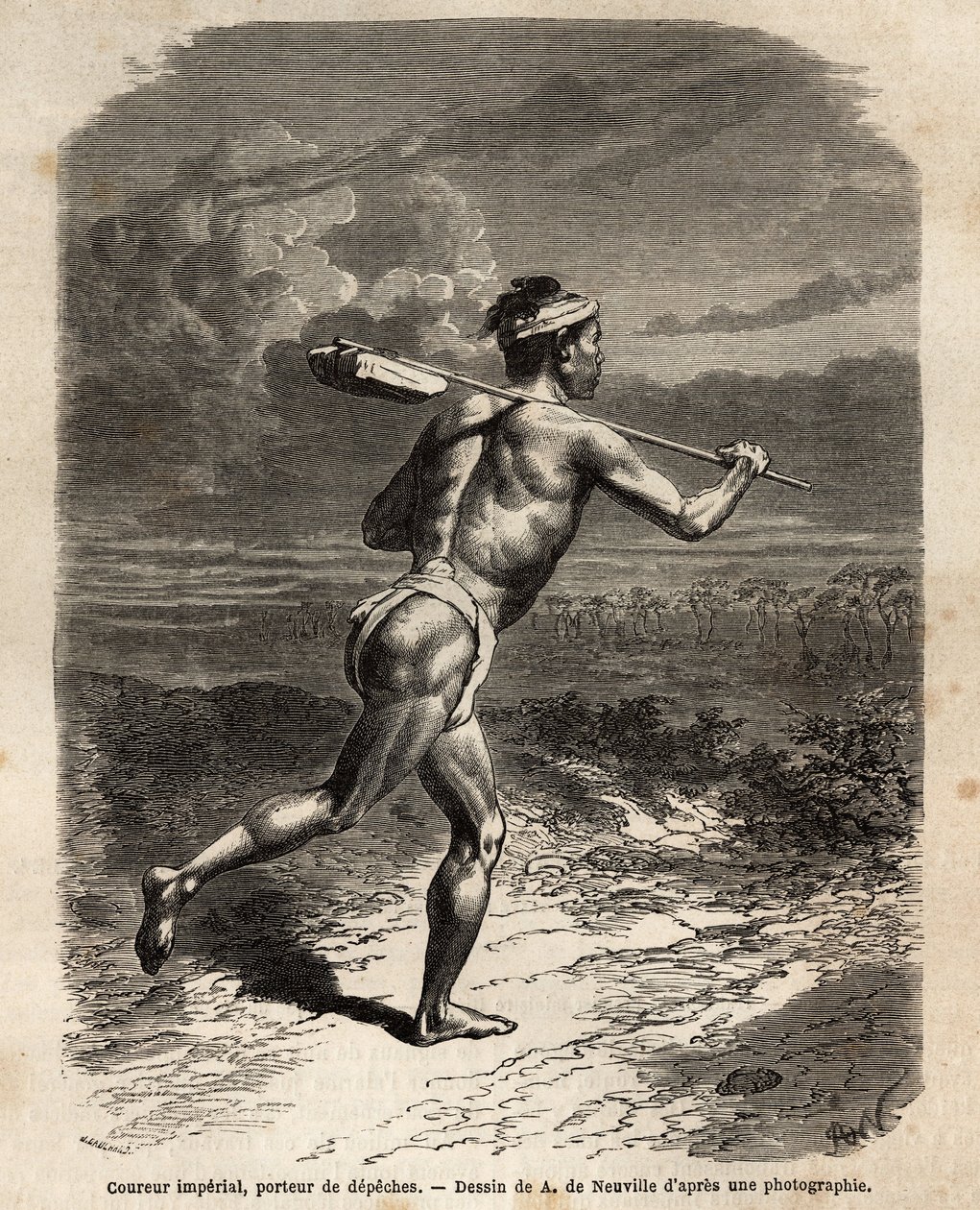Císařský běžec, nesoucí mikádo depeše. Rytina pro ilustraci plavby do Japonska v letech 1863-1864 od Aime Humberta, ministra Švýcarské konfederace, v „“ Le tour du monde, nouveau journal des voyages““ vydaném pod vedením Edouy od Unknown artist