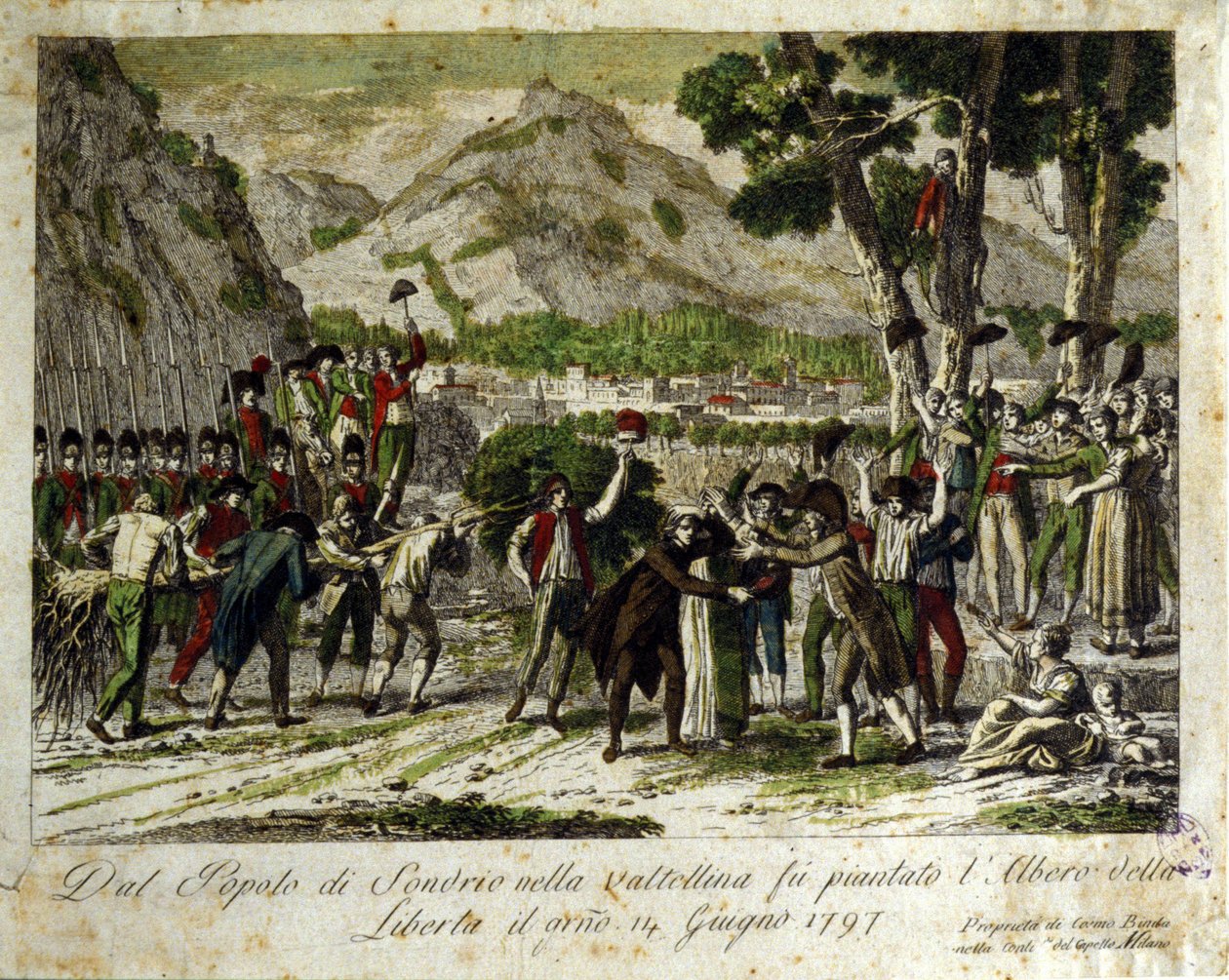 Obyvatelé Sondrio de la Valtellina zasadili strom Liberte, symbol vítězství nad Starým režimem. 14/06/1797. Rytina. od Unknown artist