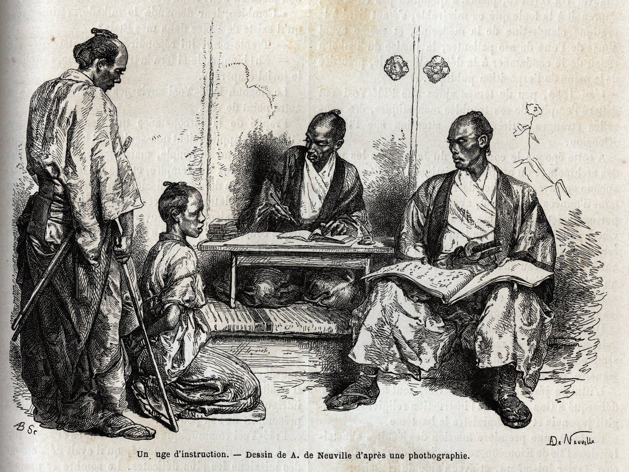 Vyšetřující soudce při plnění svých povinností, klečící před ním, ho obviní ze samuraje. Rytina k ilustraci plavby do Japonska v letech 1863-1864 od Aime Humberta, ministra Švýcarské konfederace, v „Le tour du monde, nouveau jo od Unknown artist
