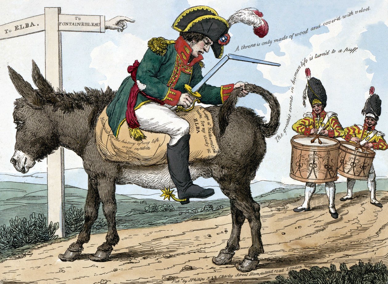 Cesta novodobého hrdiny, na ostrov Elba. Cesta novodobých hrdinů na ostrov Elba. Tato karikatura ukazuje Napoleona Bonaparta sedícího na oslu na cestě z Fontainebleau na ostrov Elba; v jedné ruce drží kazetu s mečem od Unknown artist