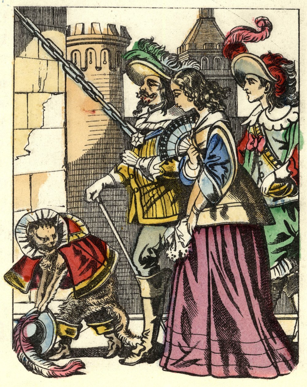 Král, princezna a markýz z Carabasu dorazí do hradu zlobra před kočičí botou. Ilustrace příběhu „The cat botte“ od Charlese Perraulta od Unknown artist