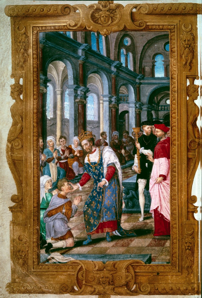 Král se dotkne, Bůh tě slyší Král Jindřich II. (1519-1559), thaumaturg, válečníci nemocní ekrouelami v opatství Saint Marcoul, těsně po obřadu korunovace v Remeši. Nedaleko něj oblouk Remeše. Miniatura z „Hodin Jindřicha II““ 154 od Unknown artist