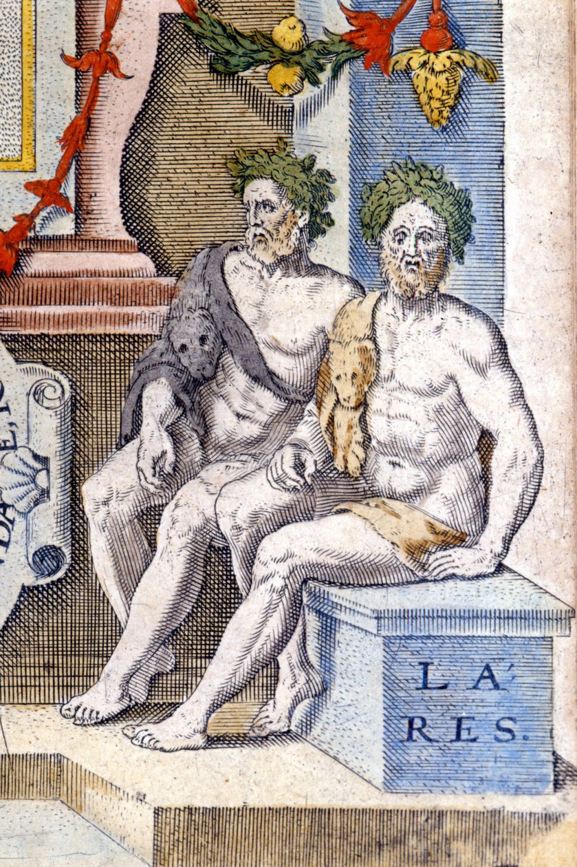 Bohové lares: chrání dům a jeho obyvatele (jsou to duchové předků). Rytina 16. století od Unknown artist