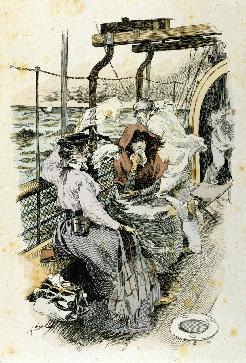 Život cestujících na palubě: mladá žena trpí mořskou nemocí. od Unknown artist