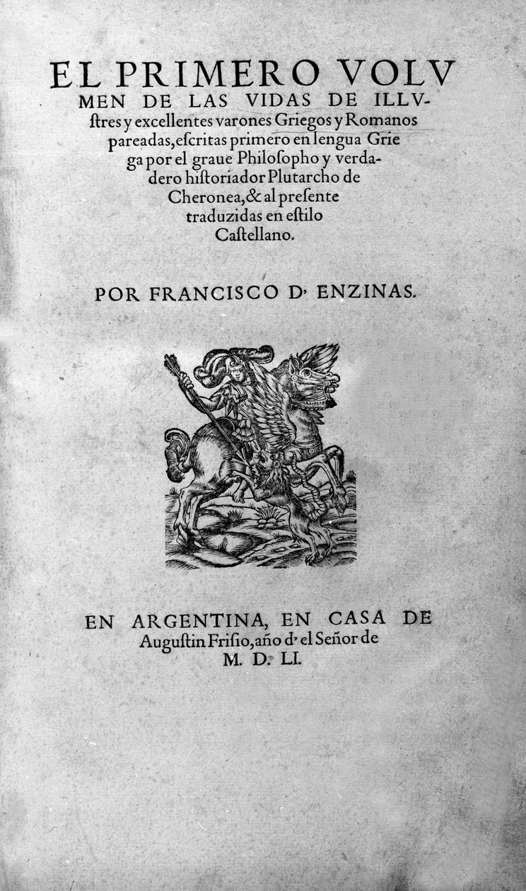 Životy slavných mužů. Frontispice knihy Plutarcha di Cheroneeho, nazývané také „Paralleles Lives““. Argentinské vydání od Unknown artist