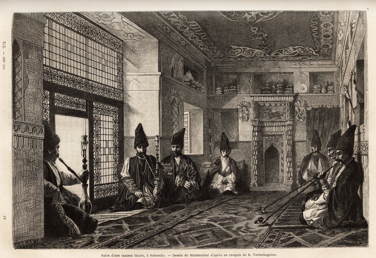 Obývací pokoj bohatého tatarského domu v Schusha (Zakavkazsko, Rusko), kde se scházejí muži, sedí na kobercích, aby kouřili dýmku a povídali si. Rytina pro ilustraci plavby v provinciích Kavkazu, od Basile Vereschaguine, v letech 1864-1865, vyd. od Unknown artist