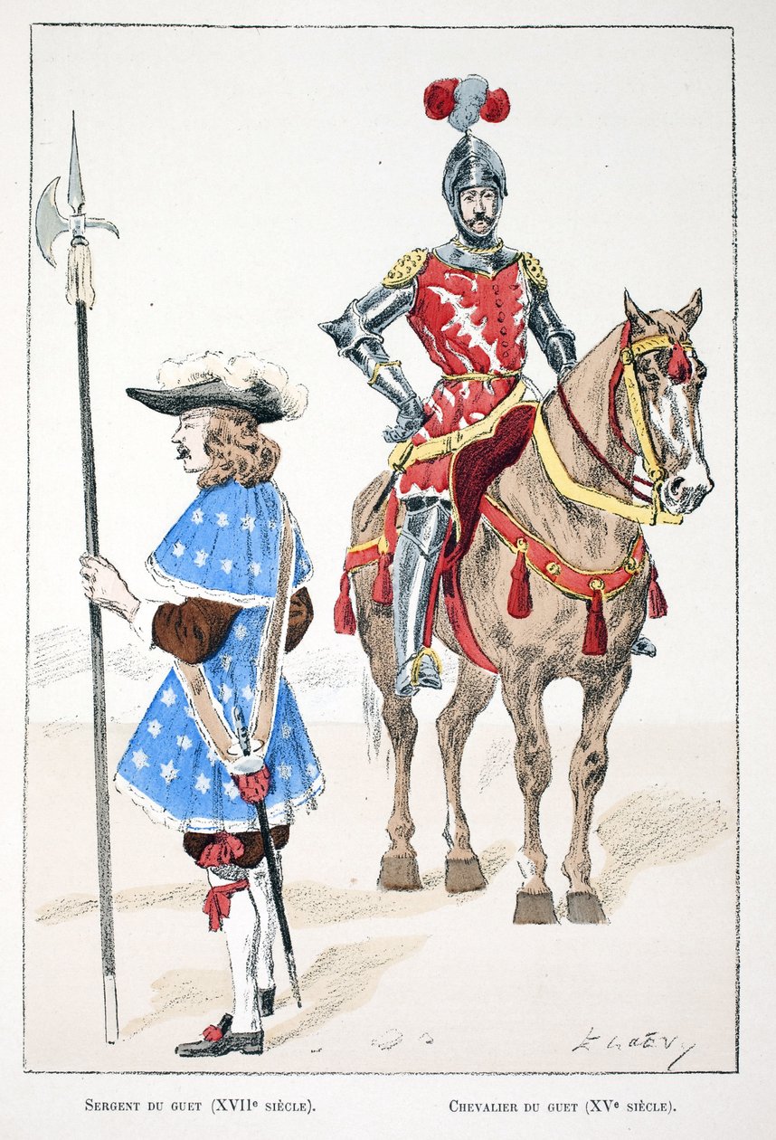 Strážný v 17. století a rytíř v 15. století. Eau forte en couleurs, pour ilustraci “” Histoire du corps des gardiens de la paix””” kniha vydaná pod záštitou Louis Lepine (1846-1933) prefet de police de la Seine od Unknown artist