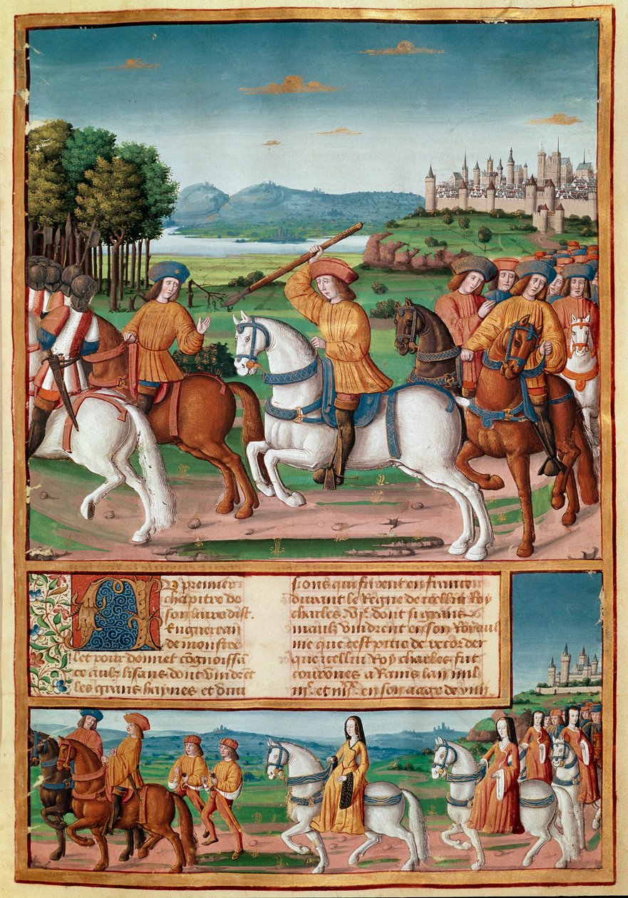 Šílenství Karla VI. (1368 - 1422). srpna 1392 začal v lese Le Mans zažívat útoky zuřivého šílenství: křičel na zradu, zaútočil na vlastní skupinu a zabil čtyři miniaturní lidi z „“ Chronicles de Enguerrand de Mo. od Unknown artist