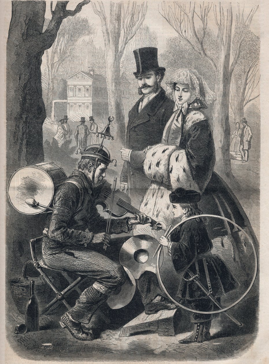Mužský orchestr z Champs Elysees v Paříži. Má zvonový klobouk, na zádech válečkovou bednu, na kolenou činely a hraje na housle. Rytina v „Le Monde illustrious““ z roku 1862. Soukromá sbírka. od Unknown artist