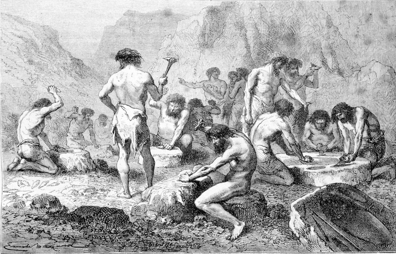 Výroba a leštění pazourku pravěkými muži v Pressigny. od Unknown artist