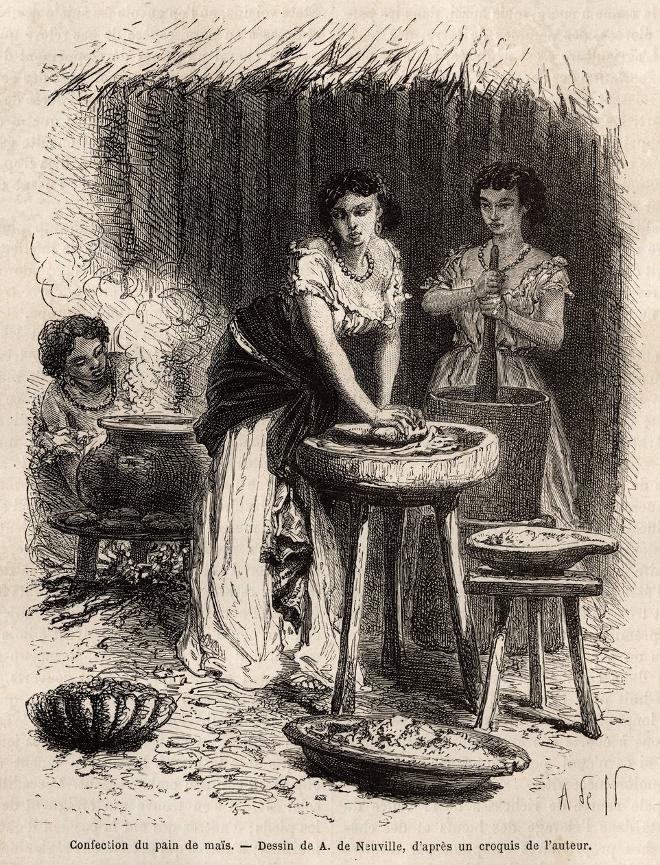 Výroba kukuřičného chleba, základu jídla, ženami z údolí Velkého Cauca (Kolumbie). Rytina k ilustraci plavby do Nové Granady, od Dr. Saffraye, v roce 1869, publikovaná v “”Le tour du monde”””” 1873, editoval Edouard Charton, vydání Hachet od Unknown artist