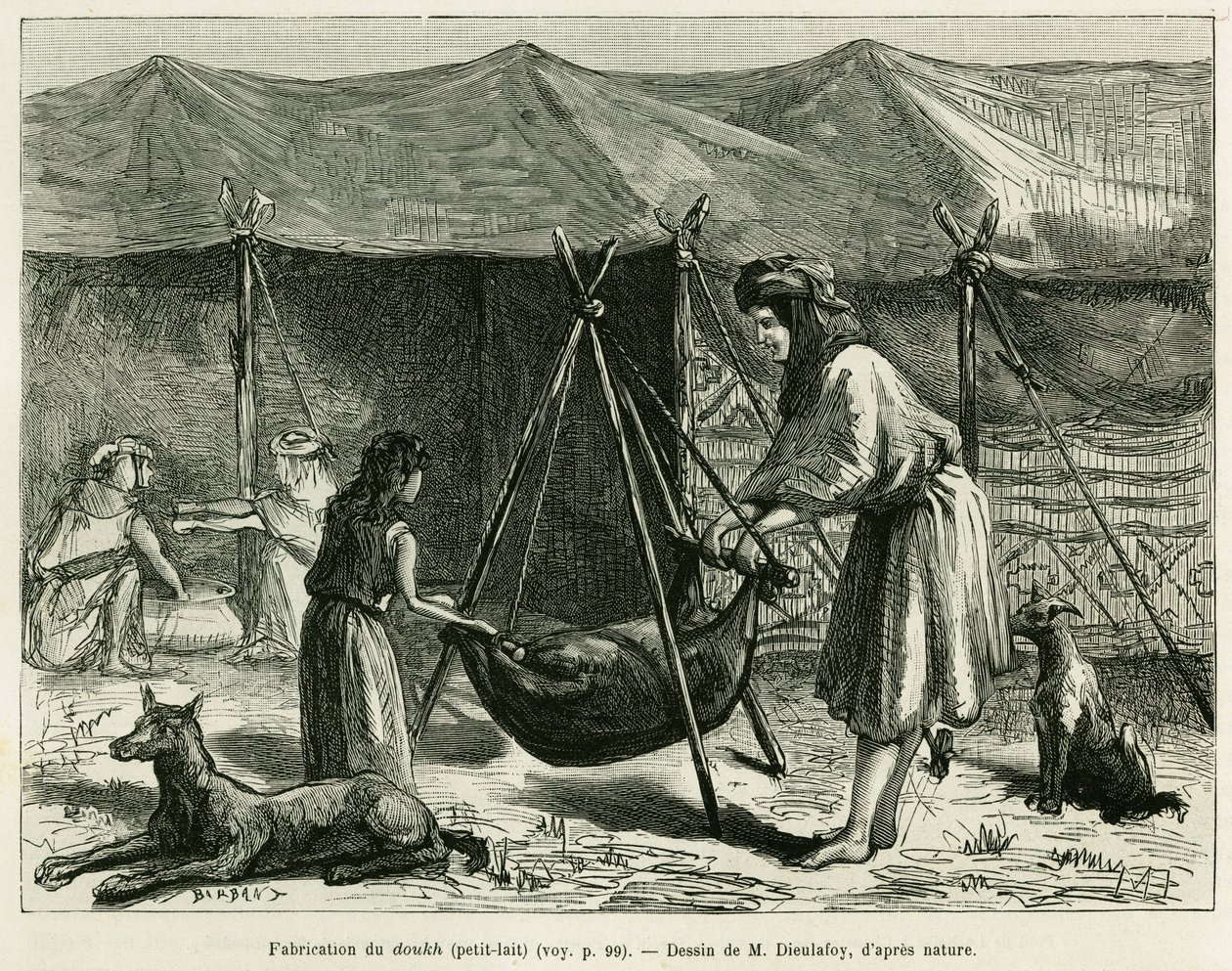 Výroba mléka ženami pastevců z oblasti Karoun. Rytina k ilustraci příběhu La Perse, la Chaldee et la Susiane od Jane Delafoy (1851-1916), důstojnice akademie, v le tour du monde 1886, režie Edouard Charton (1807-1890), Ha od Unknown artist