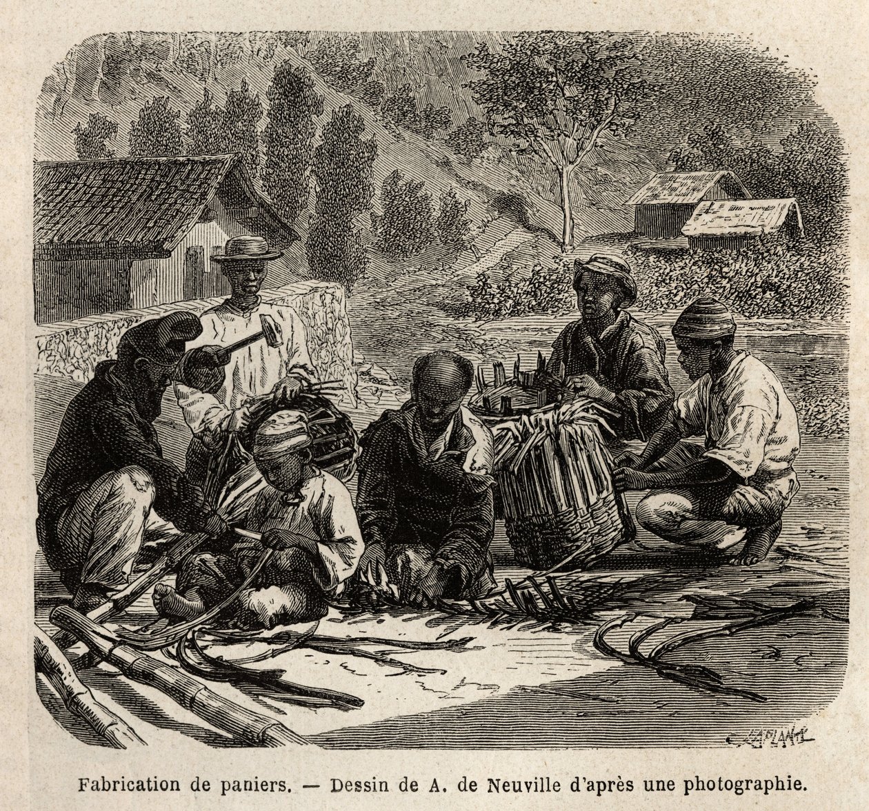 Výroba košíčků z palmových listů pro sběr kávy. Rytina k ilustraci plavby do Brazílie, příběh M. a Mme Agassizových, v letech 1865-1866, publikovaná v „Le tour du monde, nouveau journal des voyages“, pod vedením Edouarda Charta od Unknown artist