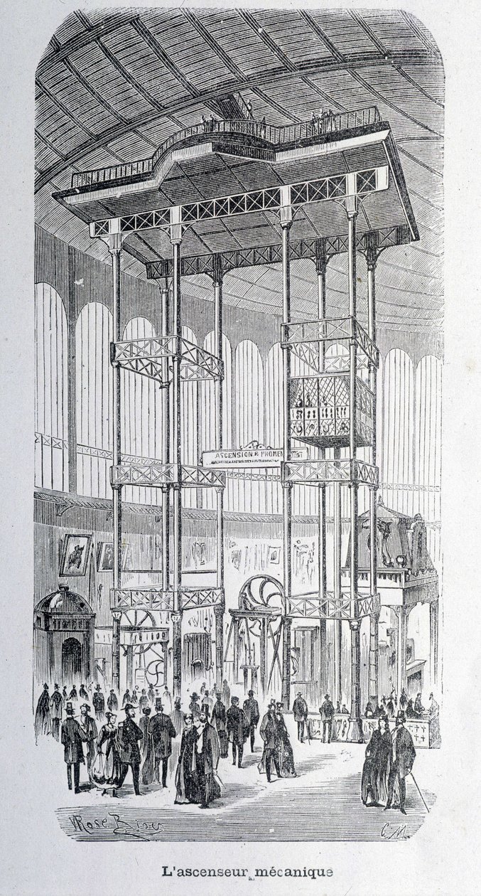 Mechanický výtah inženýra Edouxe na světové výstavě 1867 - grav. od Unknown artist