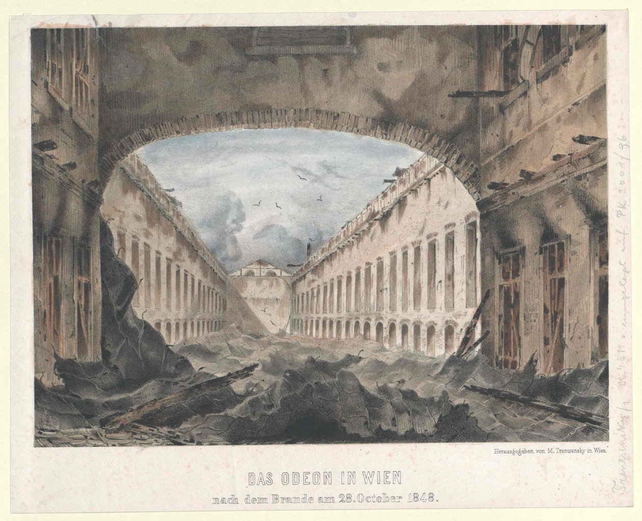 Vídeňský Odeon po požáru v 28. 1848 (kolorovaná litografie) od Unknown artist