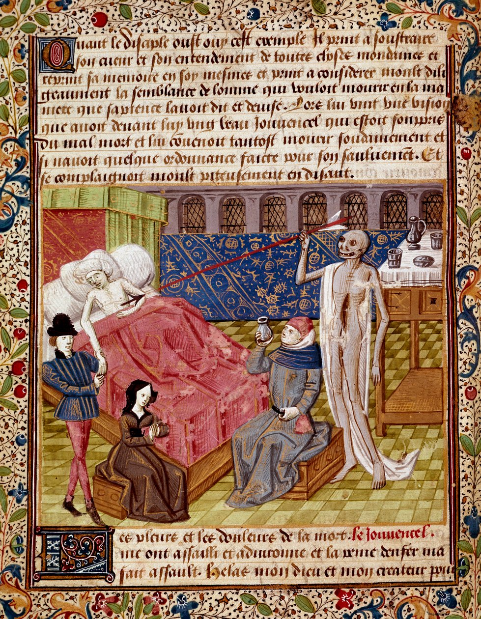 Pacient je zasažen Miniaturní smrtí převzatou z „“Le Tresor de Sapience““ (nebo „Le traite du jardin amoureux“) od Jean Gerson (1363-1429) Chantilly z 15. století, Musee Conde od Unknown artist