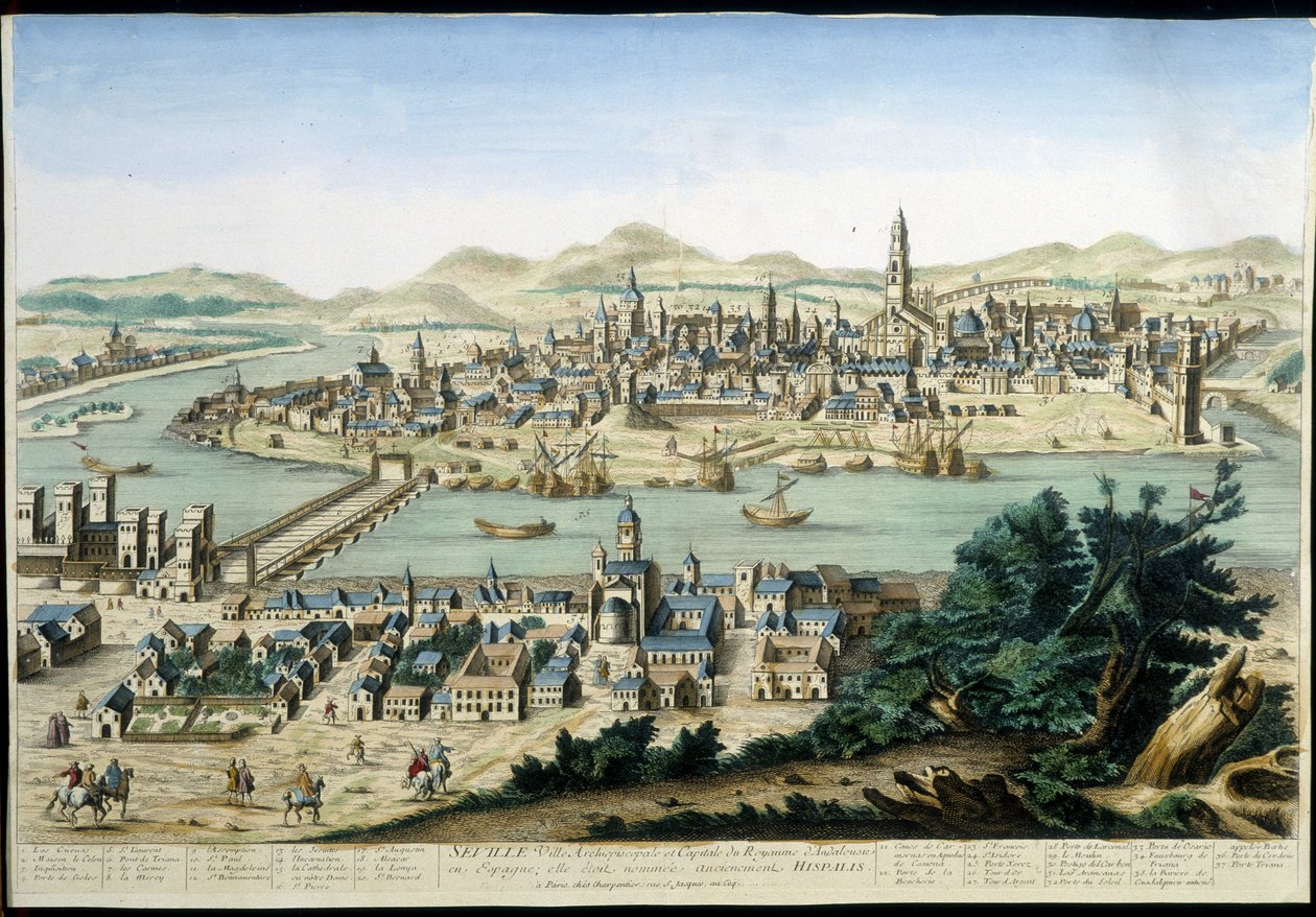 Přístav a město Sevilla - rytina 18. století. od Unknown artist