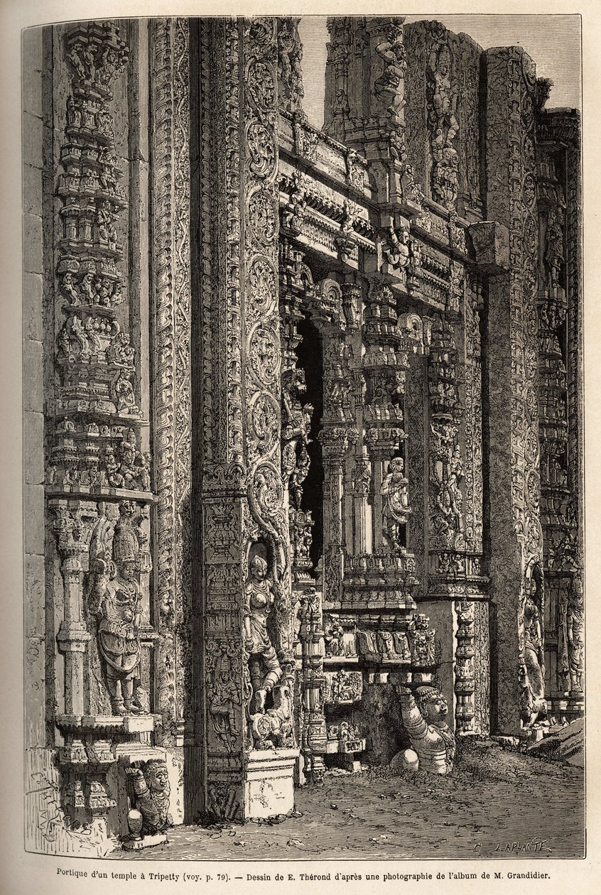 Portikus vyřezávaný z chrámu v Tripetty (nebo Tirupati, v Andhra Pradesh), důležitém místě hinduistické poutě. Rytina k ilustraci cesty do poledníkových provincií Indie od Alfreda Grandidiera v letech 1862-1864, publikovaná v „“ le tour du mo od Unknown artist