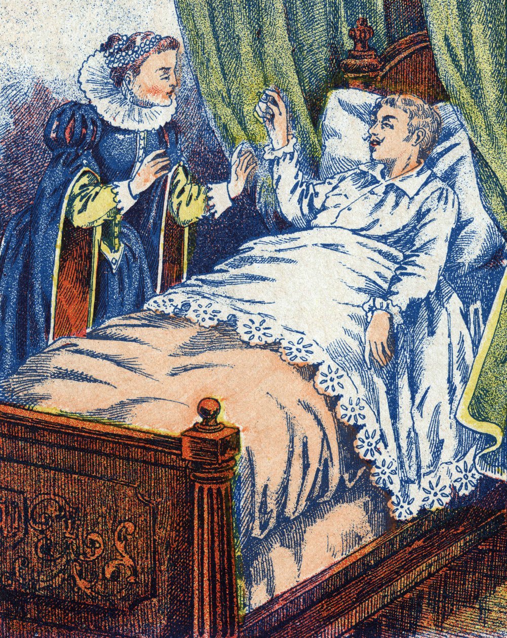 Princ ukazuje prsten své matce. Anonymní ilustrace k příběhu „Oslí kůže“ od Charlese Perraulta (1628-1703), francouzského spisovatele. Snímky Marcel Vagne, Jarville Nancy, nedatováno (konec 19. století). od Unknown artist