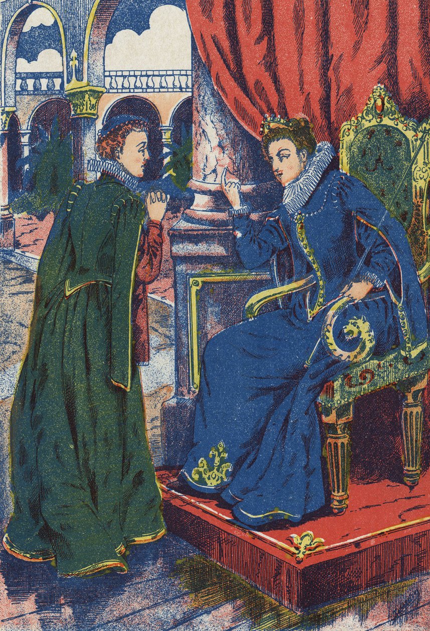 Princezna se poradí se svou kmotrou. Anonymní ilustrace k příběhu „Oslí kůže“ od Charlese Perraulta (1628-1703), francouzského spisovatele. Snímky Marcel Vagne, Jarville Nancy, nedatováno (konec 19. století). od Unknown artist