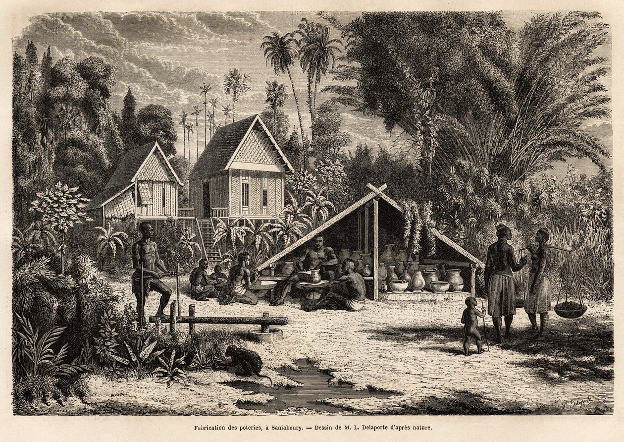 Výroba keramiky v Saniaboury (Laos). Rytina k ilustraci průzkumné cesty v Indočíně od Francise Garniera, poručíka de Vaisseau, v letech 1866-1868, publikovaná v „“Le tour du monde“““ 1870-1871, editoval Edouard Charton, vydání Hac od Unknown artist
