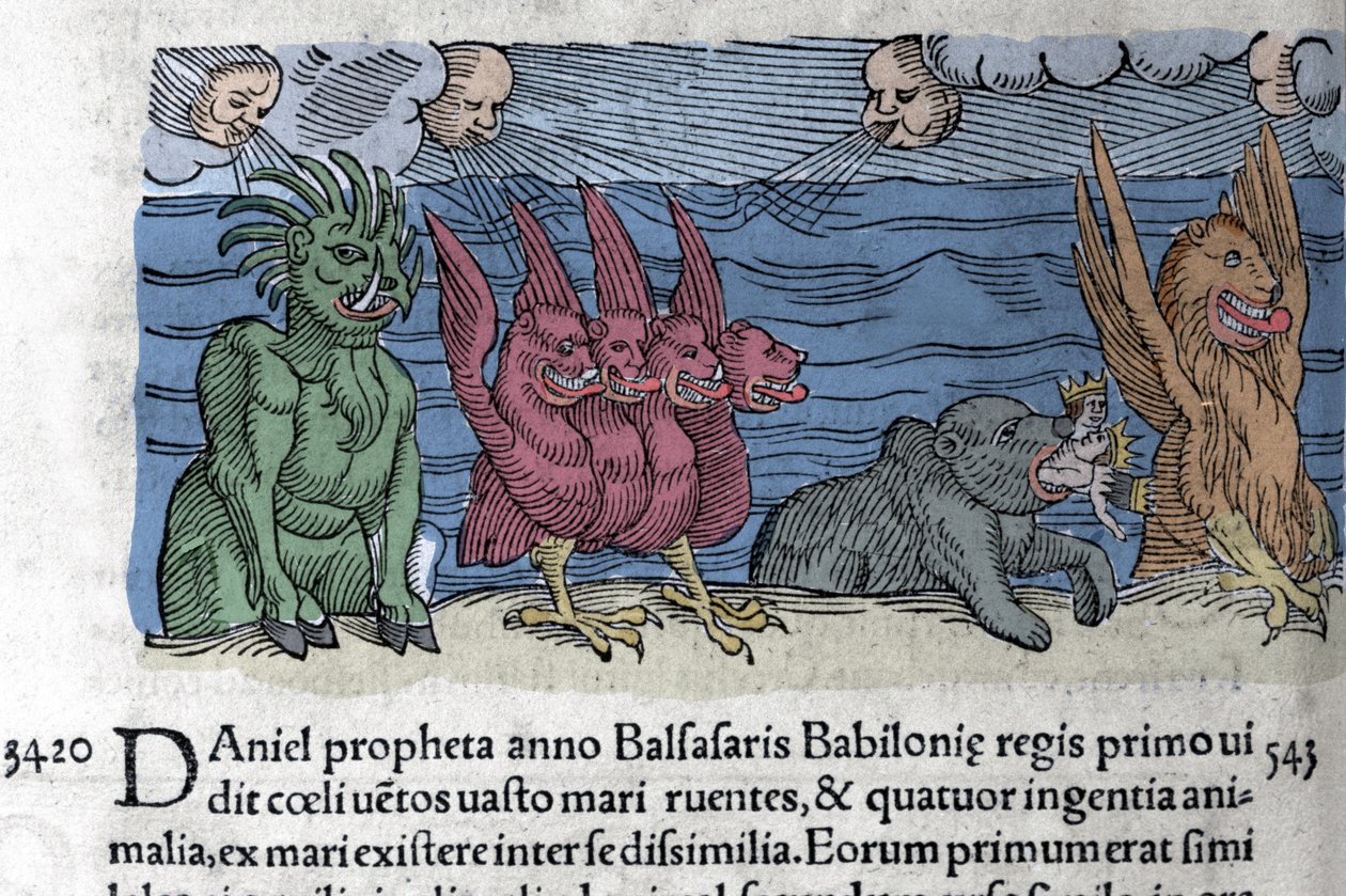 Prorok Daniel vidí, jak se objevují monstra: Haniel, Kafziel, Azriel, Aniel. Rytina z „Knihy Prodigiorum ac ostentorum Chronicon Basileae“ od Wolfharta (Conrad Lycosthene) 1557 od Unknown artist