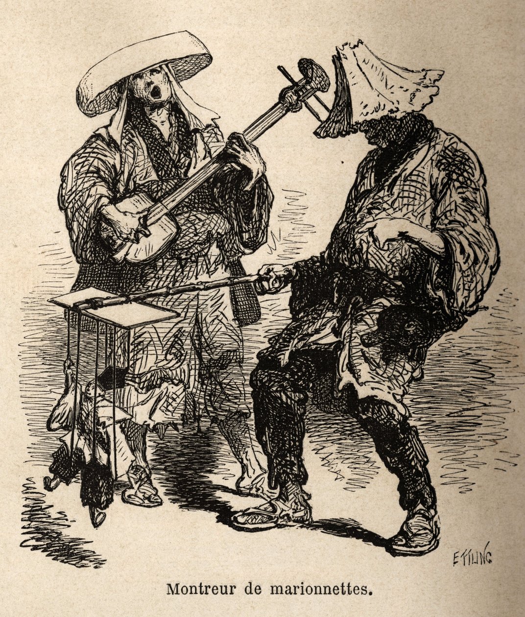 Loutkové divadlo a hudebník, který ho doprovází na pouliční zábavu. Rytina pro ilustraci cesty do Japonska od Aime Humberta, ministra Švýcarské konfederace, v letech 1863-1864, publikovaná v „“ le tour du monde“ pod vedením Eda od Unknown artist