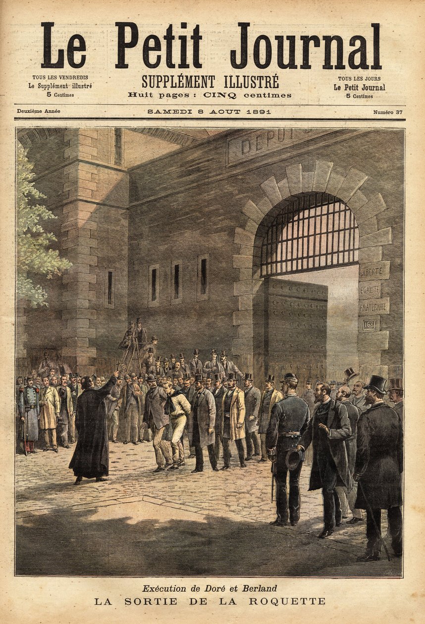 Propuštění pařížského vězení z rakety 27. července 1891 byli zločinci Dore a Berland odsouzeni k smrti. Rytina“ Henri Meyer v „“Le petit journal““ 8.8.1891. Selva sbírka. od Unknown artist