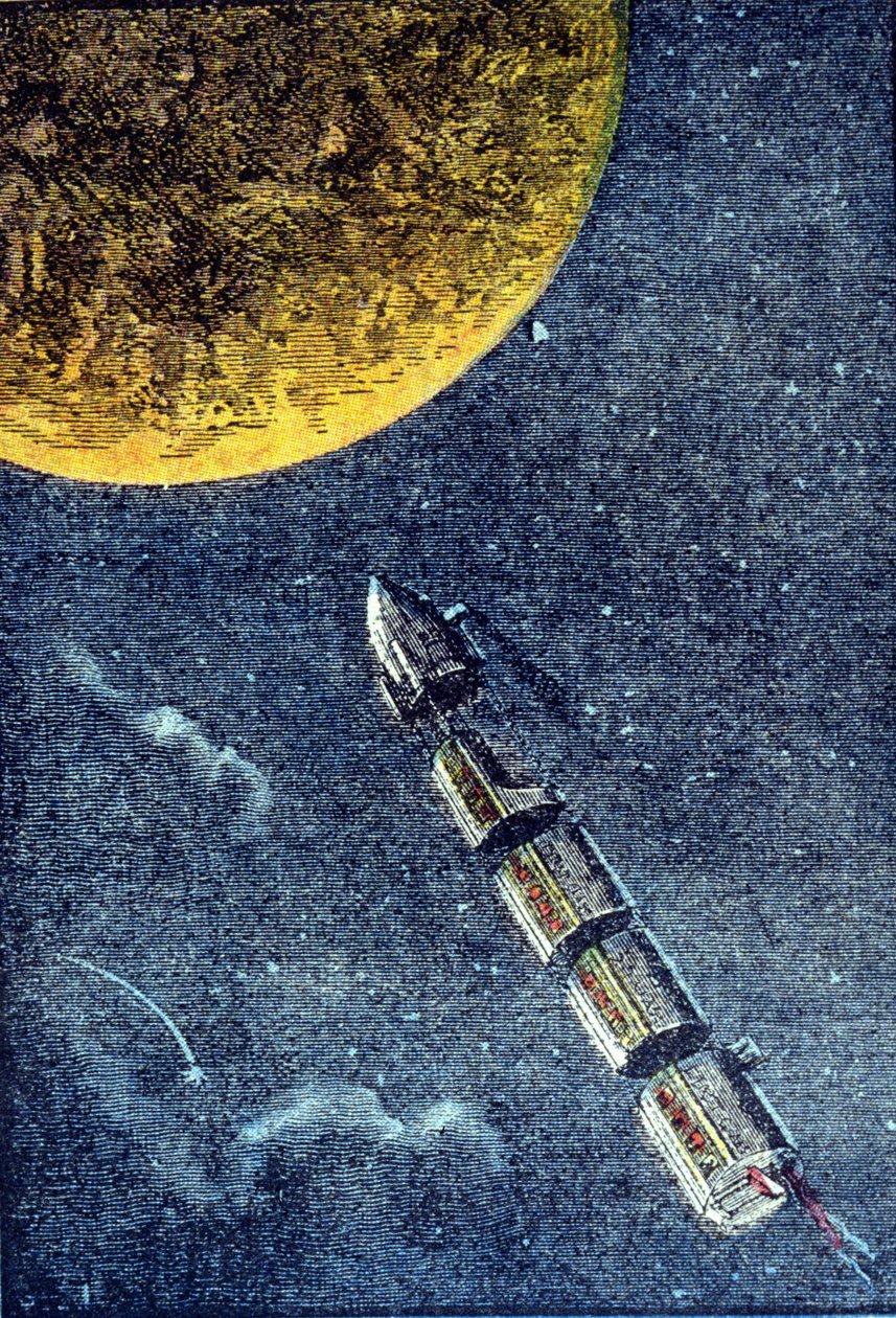 Raketa odstartovala do vesmíru při příletu k Měsíci - grav. v „Ze Země na Měsíc““ od Julese Verna od Unknown artist