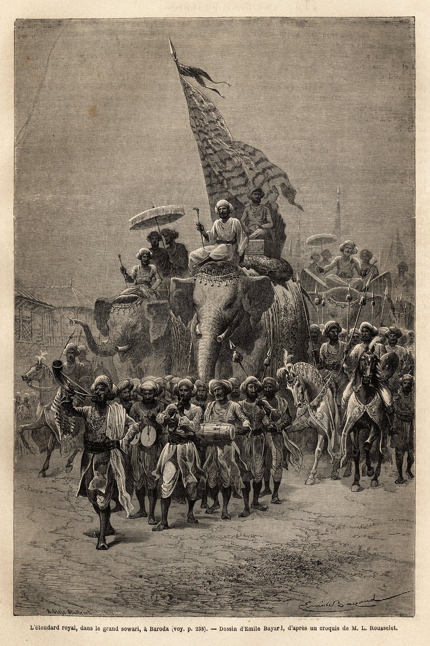 Královský prapor v sowari (vojenském průvodu) v Barodě (nebo Vadodara), státě Gujarat na severovýchodním pobřeží Indie. Rytina k ilustraci plavby Rajahů v Indii od Louise Rousseleta v letech 1864-1868, publikovaná v „“ Le tour du monde od Unknown artist