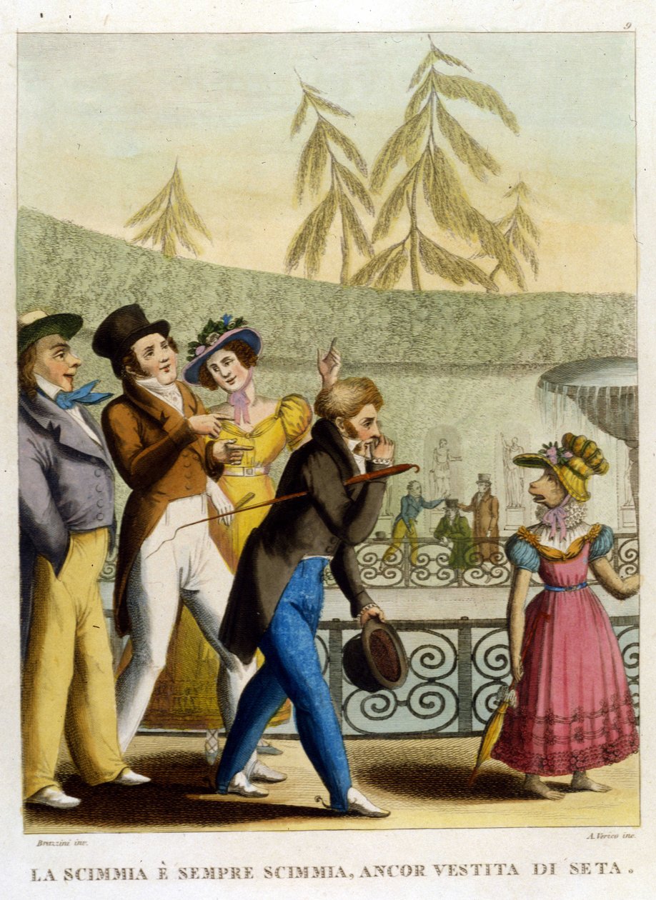 Rčení: „Opice, i když je oděna hedvábím, zůstává opicí“ (Kabát nedělá mnicha). Ilustrace ze sbírky přísloví 18. století od Unknown artist